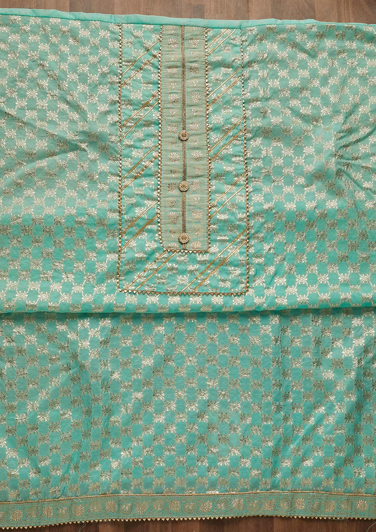 Sky Blue Zariwork Raw Silk Unstitched Salwar Suit-Koskii