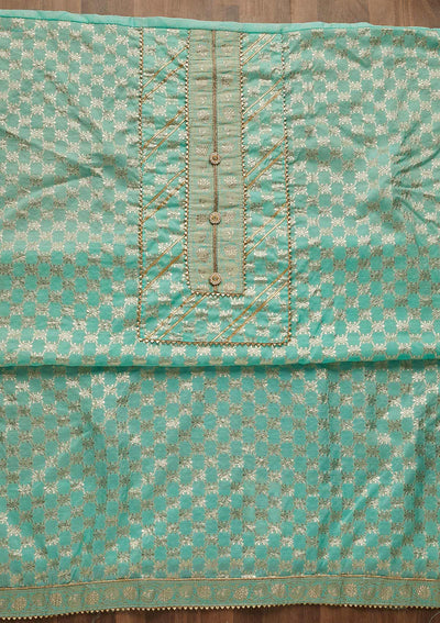 Sky Blue Zariwork Raw Silk Unstitched Salwar Suit-Koskii