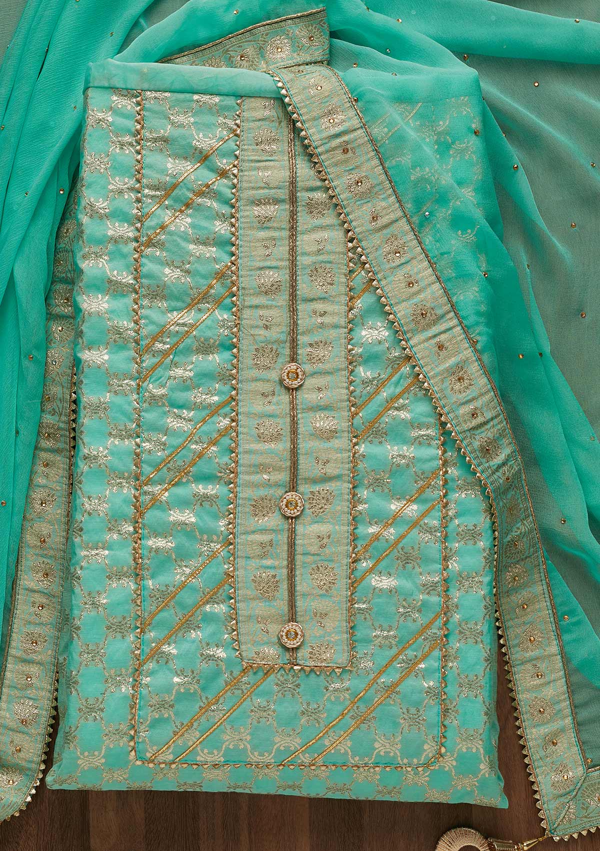 Sky Blue Zariwork Raw Silk Unstitched Salwar Suit-Koskii