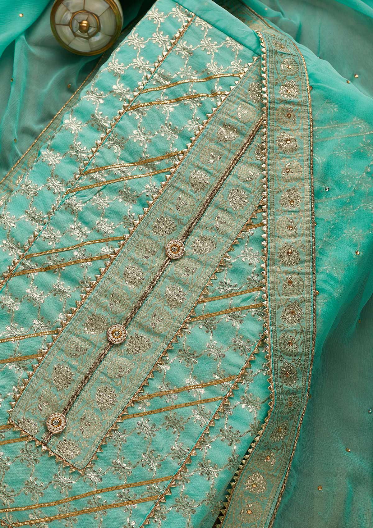 Sky Blue Zariwork Raw Silk Unstitched Salwar Suit-Koskii
