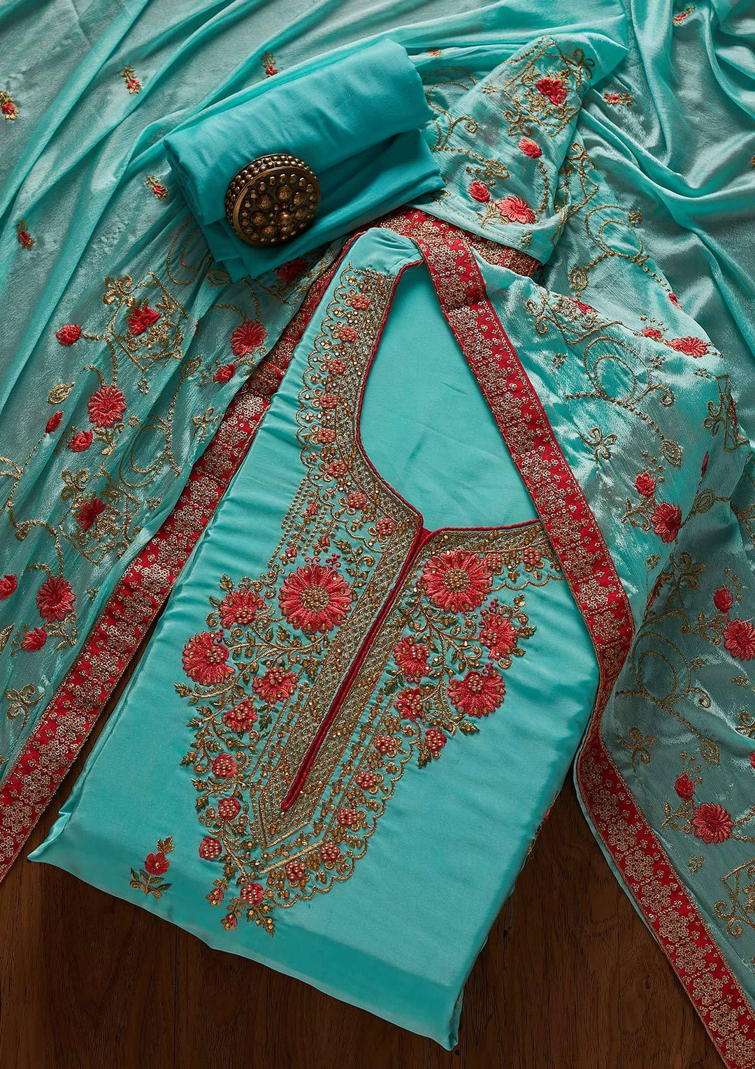 Sky Blue Zariwork Semi Crepe Designer Unstitched Salwar Suit - koskii