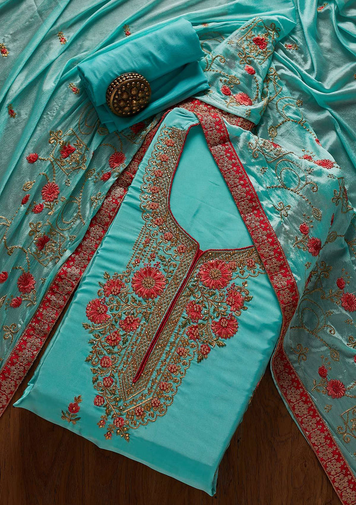 Sky Blue Zariwork Semi Crepe Designer Unstitched Salwar Suit - koskii