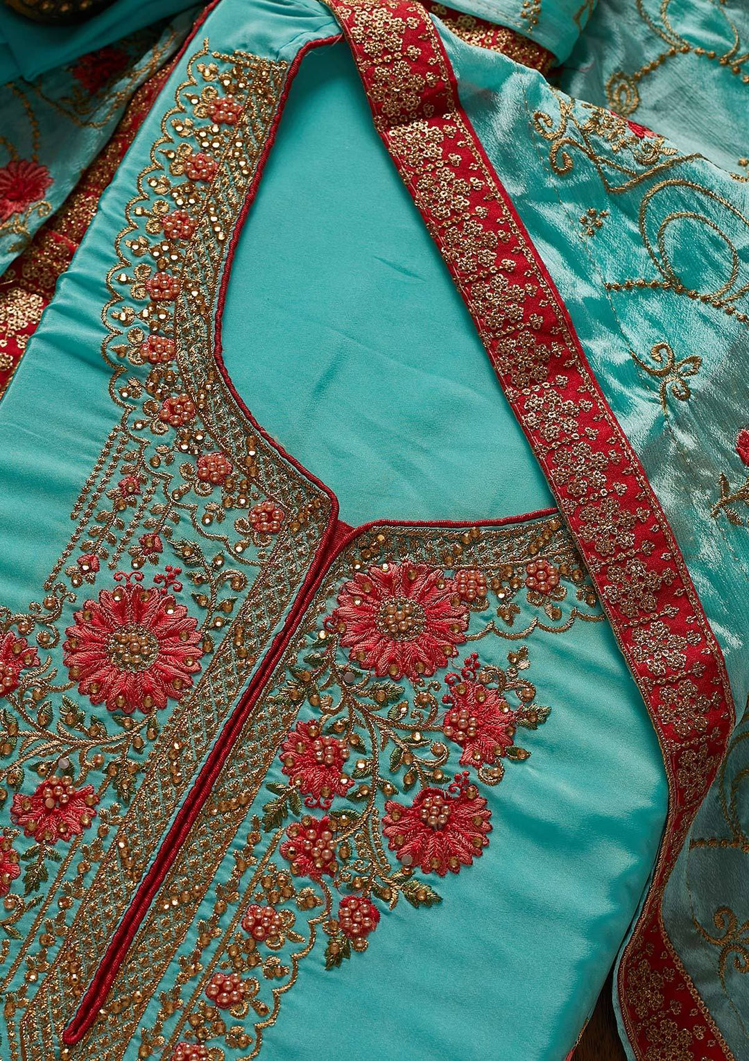 Sky Blue Zariwork Semi Crepe Designer Unstitched Salwar Suit - koskii
