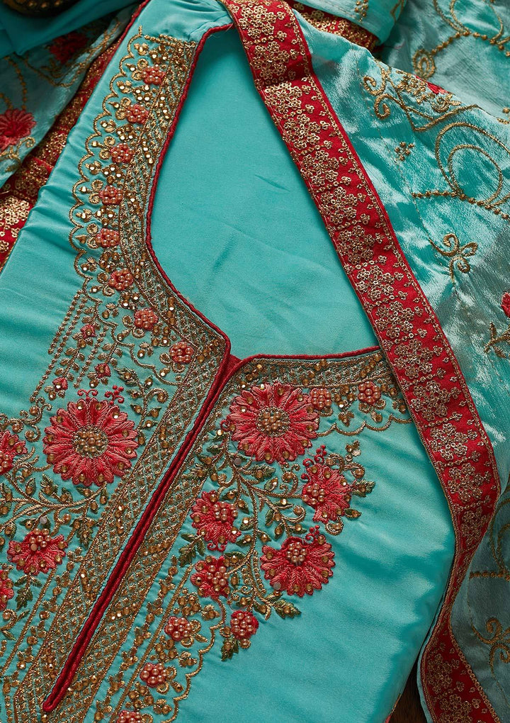 Sky Blue Zariwork Semi Crepe Designer Unstitched Salwar Suit - koskii
