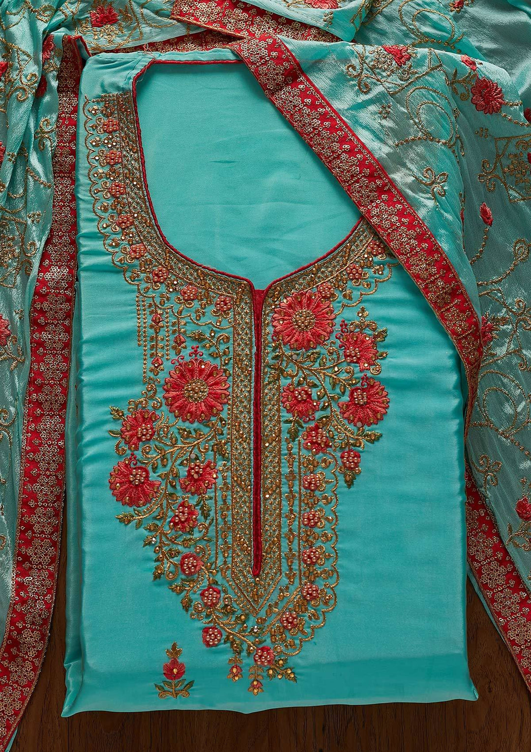 Sky Blue Zariwork Semi Crepe Designer Unstitched Salwar Suit - koskii