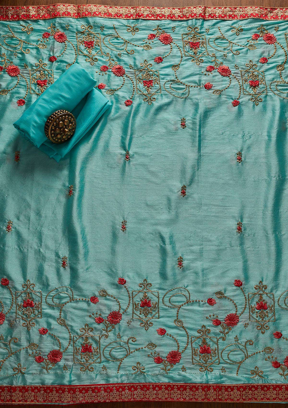 Sky Blue Zariwork Semi Crepe Designer Unstitched Salwar Suit - koskii