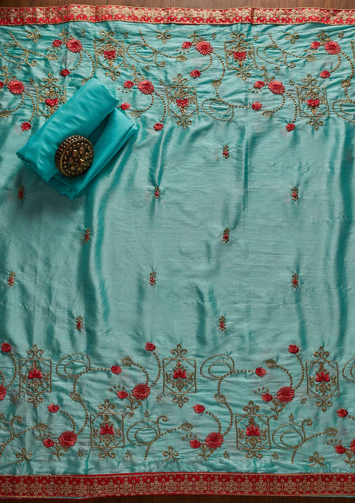 Sky Blue Zariwork Semi Crepe Designer Unstitched Salwar Suit - koskii