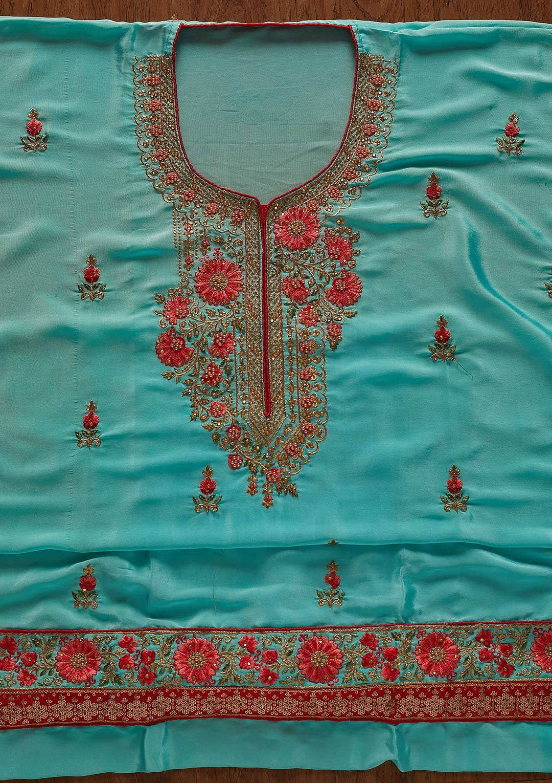 Sky Blue Zariwork Semi Crepe Designer Unstitched Salwar Suit - koskii