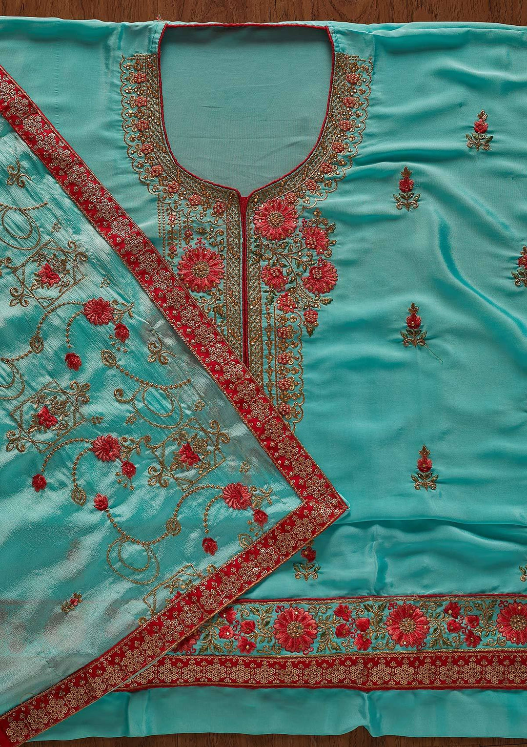 Sky Blue Zariwork Semi Crepe Designer Unstitched Salwar Suit - koskii