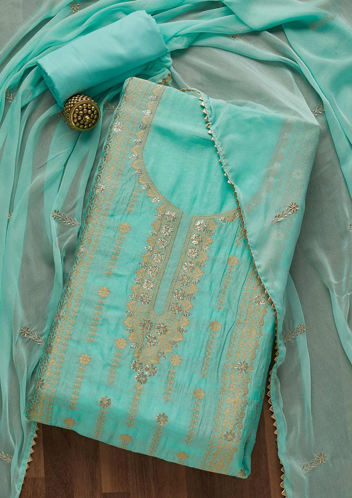 Sky Blue Zariwork Semi Crepe Unstitched Salwar Suit-Koskii