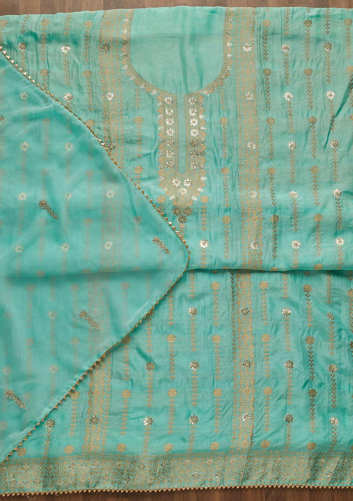 Sky Blue Zariwork Semi Crepe Unstitched Salwar Suit-Koskii