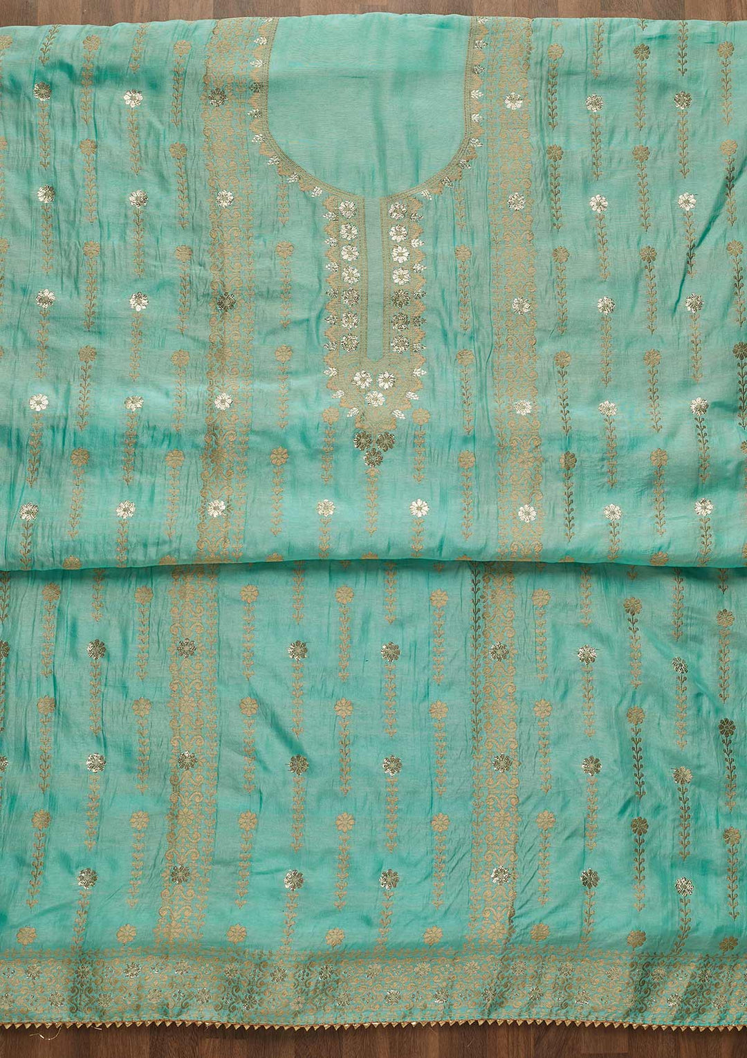 Sky Blue Zariwork Semi Crepe Unstitched Salwar Suit-Koskii