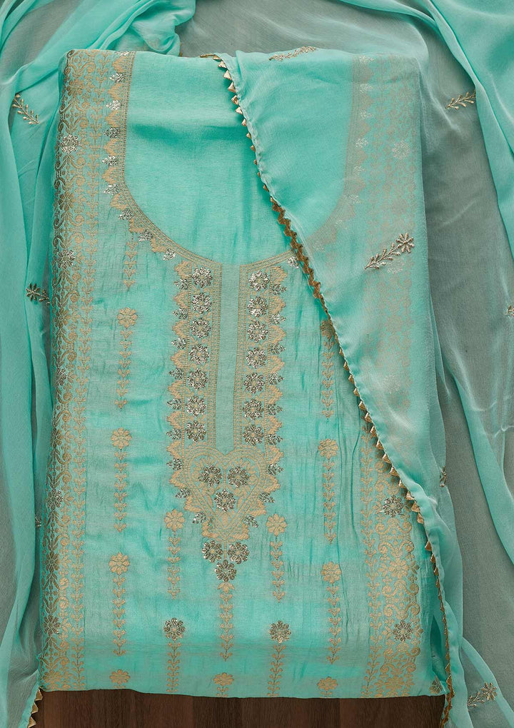 Sky Blue Zariwork Semi Crepe Unstitched Salwar Suit-Koskii
