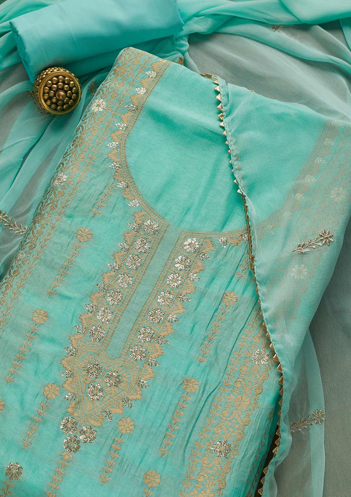 Sky Blue Zariwork Semi Crepe Unstitched Salwar Suit-Koskii