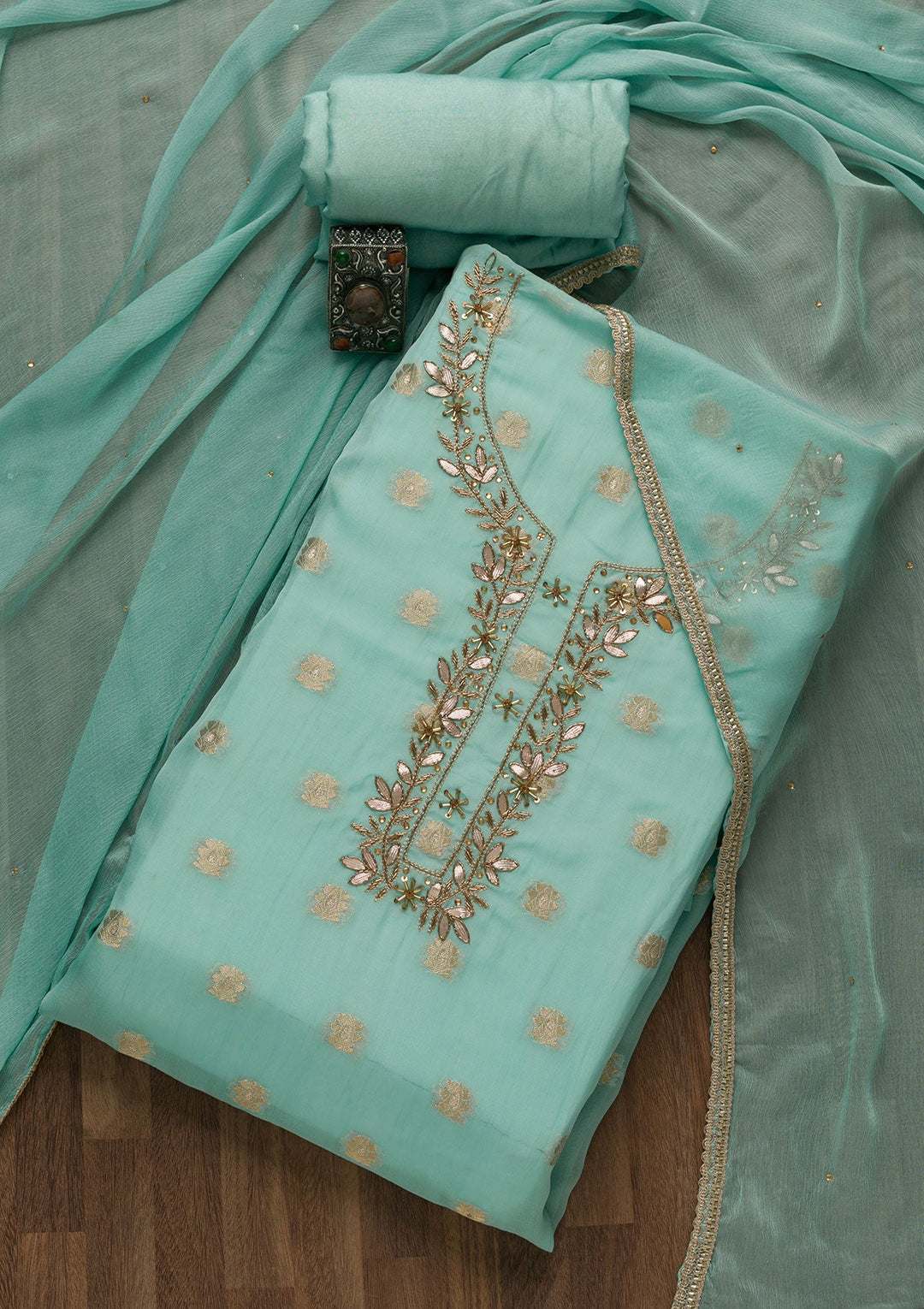 Sky Blue Zariwork Semi Crepe Unstitched Salwar Suit-Koskii