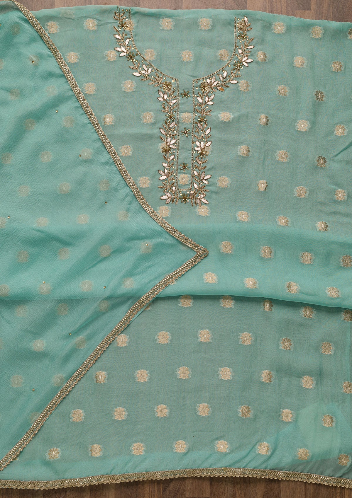 Sky Blue Zariwork Semi Crepe Unstitched Salwar Suit-Koskii