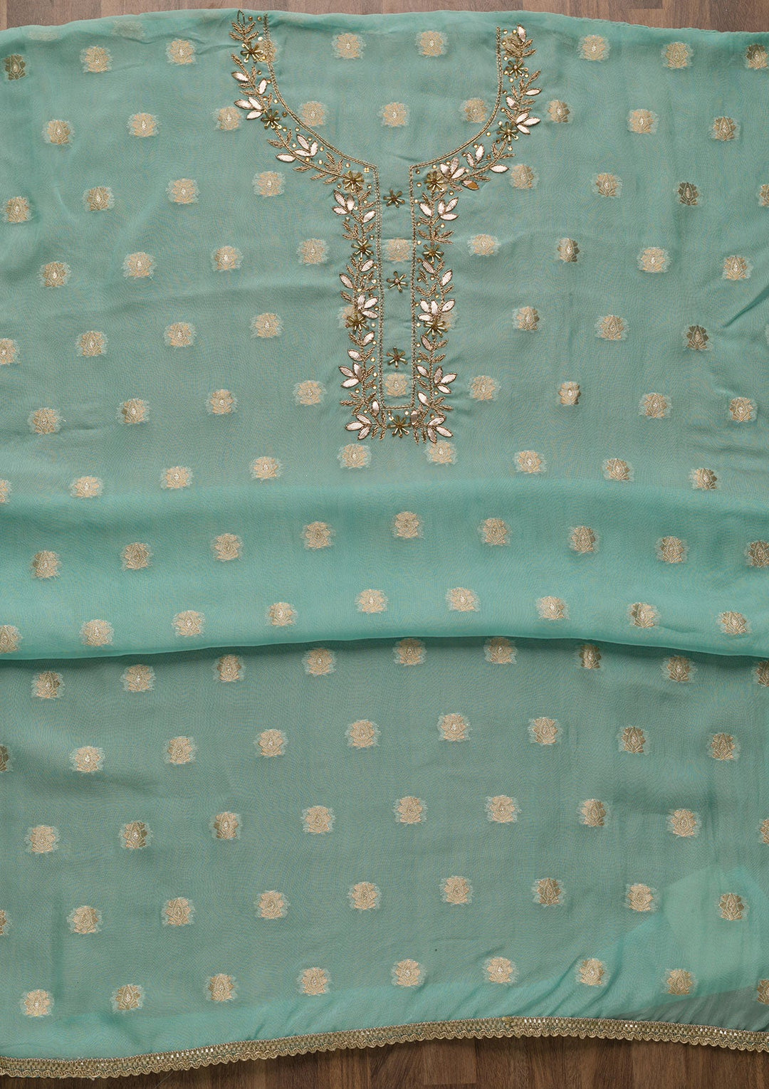 Sky Blue Zariwork Semi Crepe Unstitched Salwar Suit-Koskii
