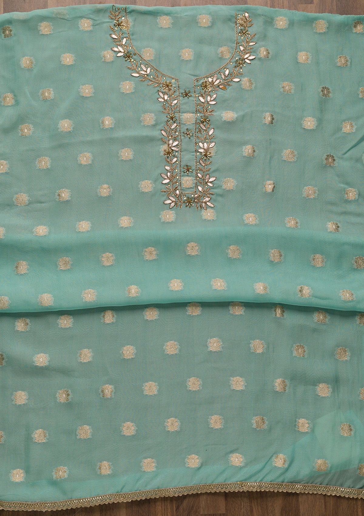 Sky Blue Zariwork Semi Crepe Unstitched Salwar Suit-Koskii