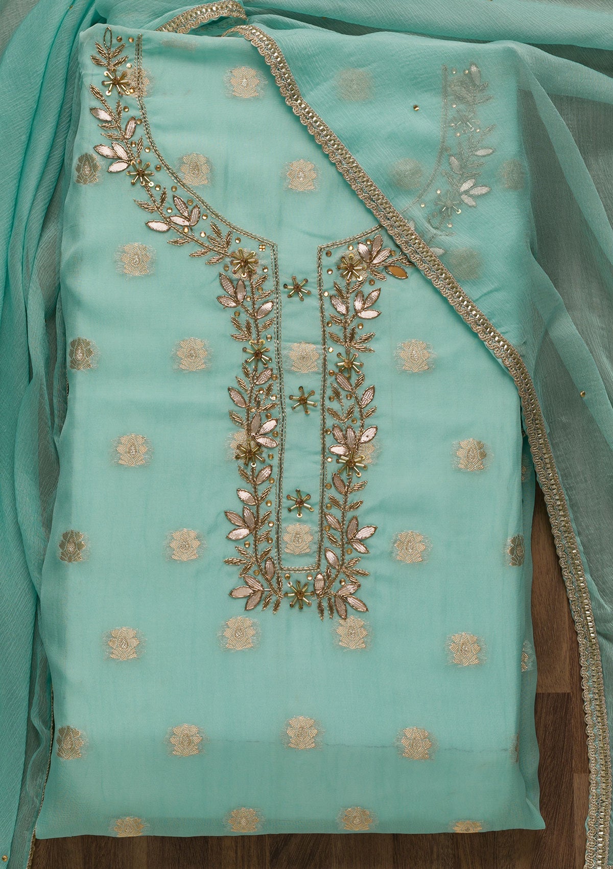 Sky Blue Zariwork Semi Crepe Unstitched Salwar Suit-Koskii