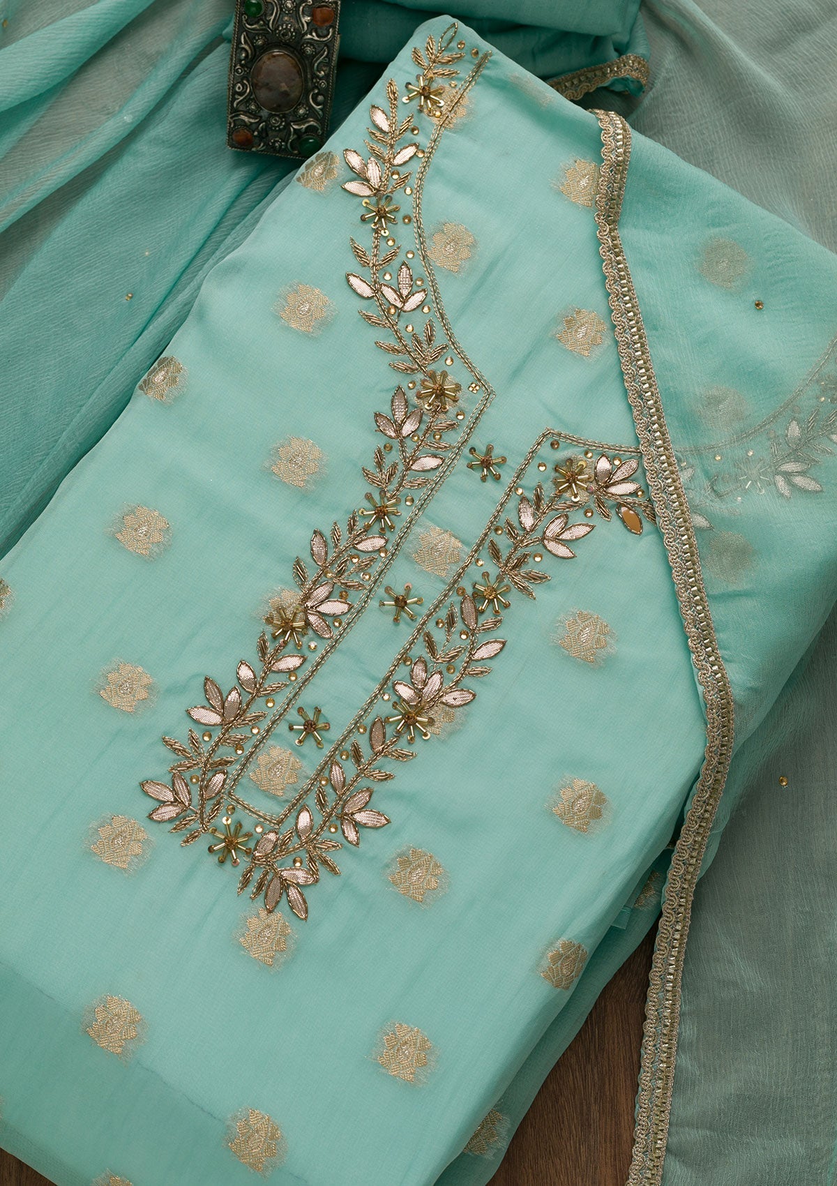 Sky Blue Zariwork Semi Crepe Unstitched Salwar Suit-Koskii