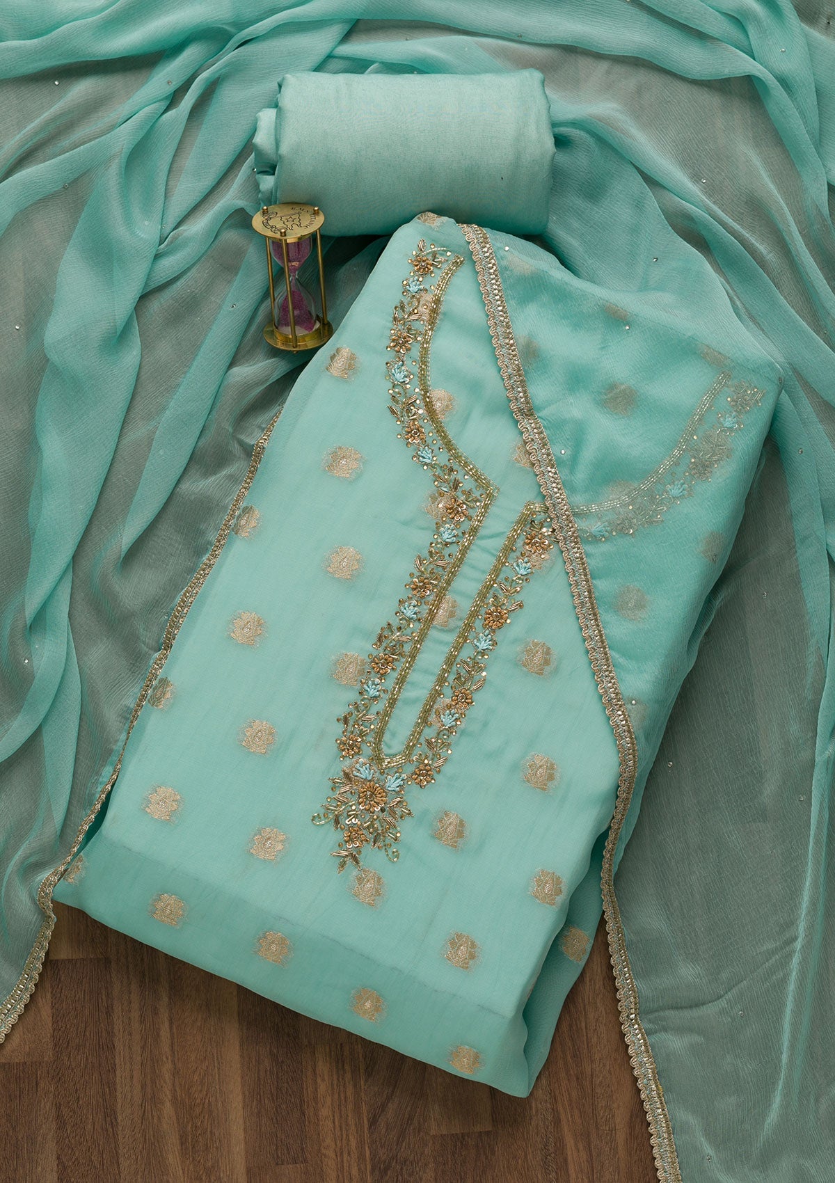 Sky Blue Zariwork Semi Crepe Unstitched Salwar Suit-Koskii