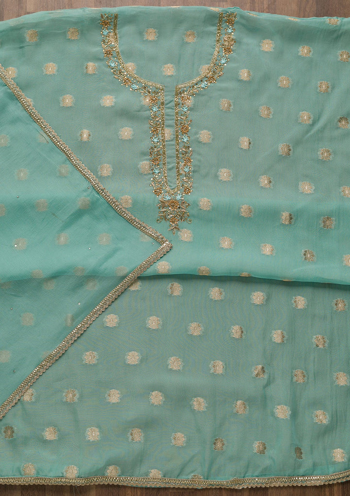 Sky Blue Zariwork Semi Crepe Unstitched Salwar Suit-Koskii