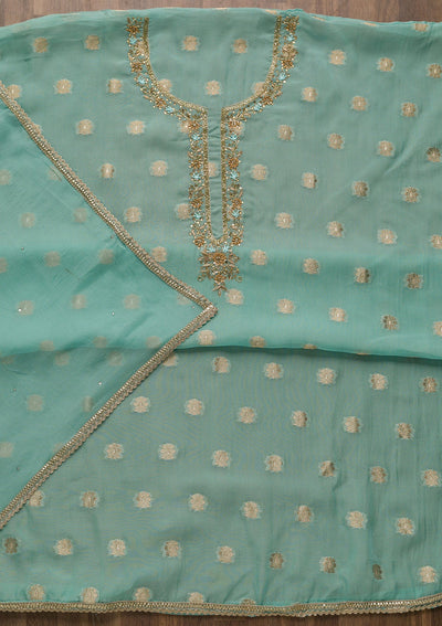 Sky Blue Zariwork Semi Crepe Unstitched Salwar Suit-Koskii