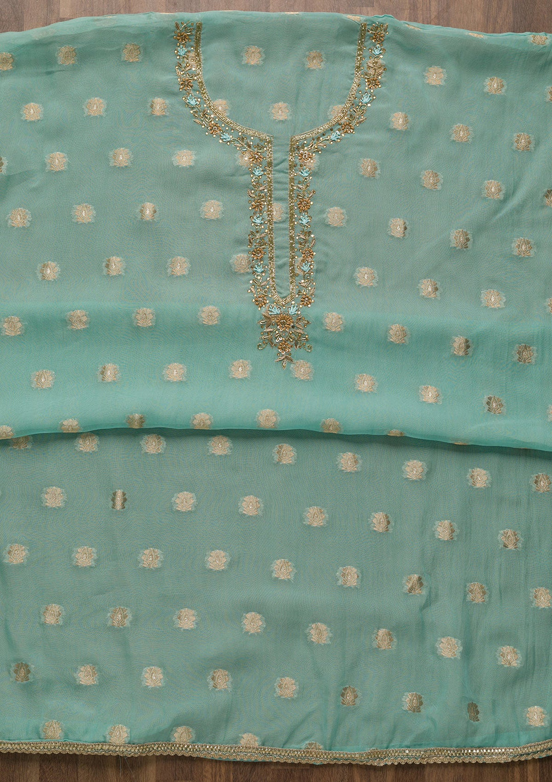 Sky Blue Zariwork Semi Crepe Unstitched Salwar Suit-Koskii