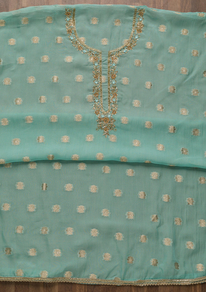 Sky Blue Zariwork Semi Crepe Unstitched Salwar Suit-Koskii