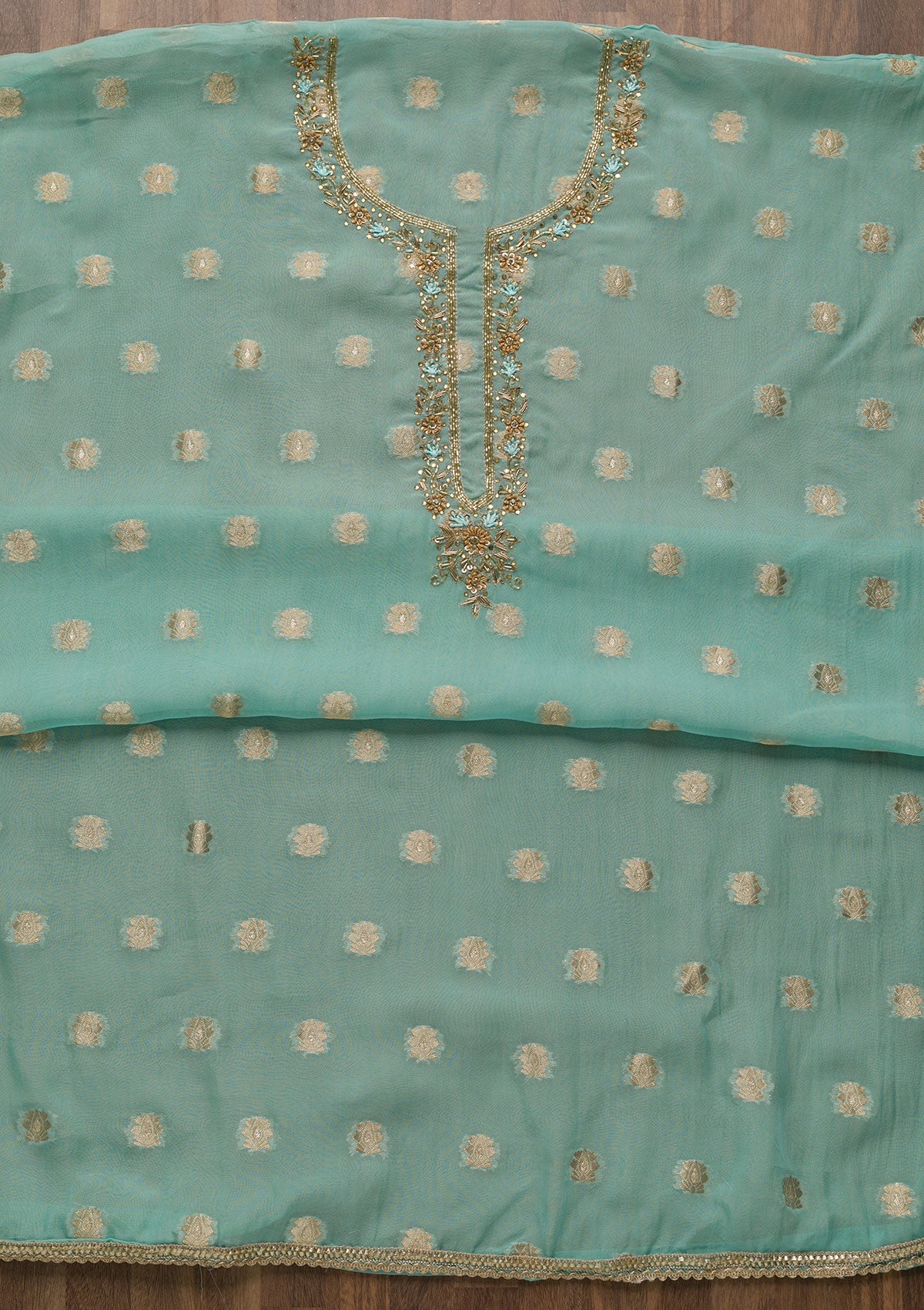 Sky Blue Zariwork Semi Crepe Unstitched Salwar Suit-Koskii