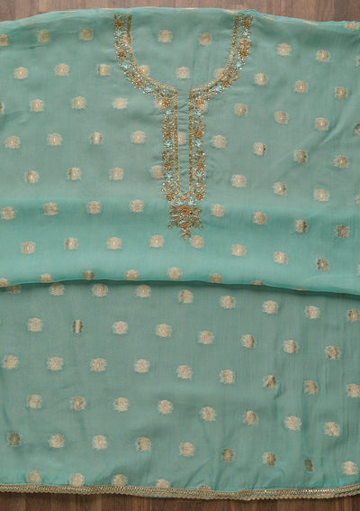 Sky Blue Zariwork Semi Crepe Unstitched Salwar Suit-Koskii