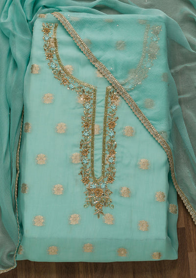 Sky Blue Zariwork Semi Crepe Unstitched Salwar Suit-Koskii