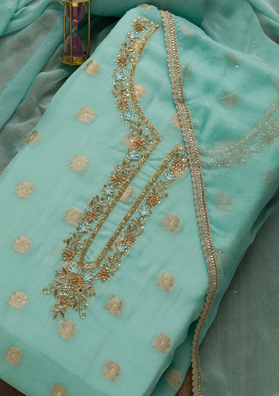 Sky Blue Zariwork Semi Crepe Unstitched Salwar Suit-Koskii