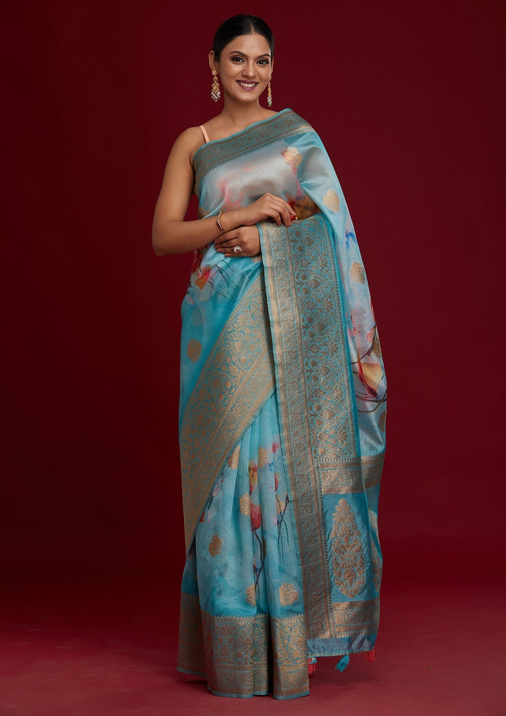 Sky Blue Zariwork Taffeta Silk Saree- Koskii