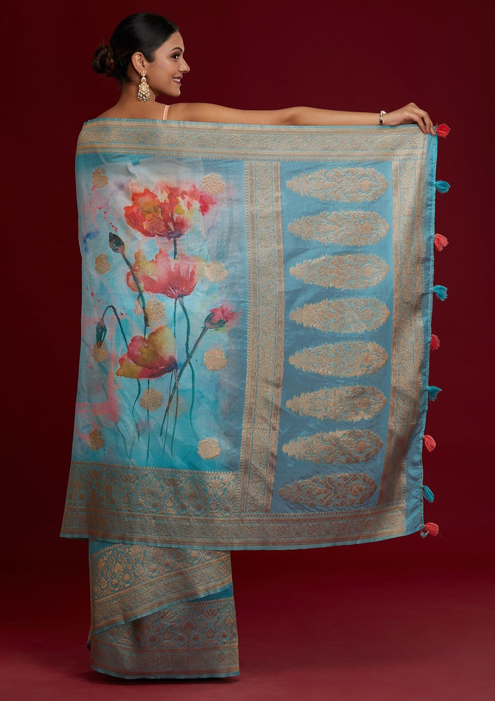 Sky Blue Zariwork Taffeta Silk Saree - Koskii
