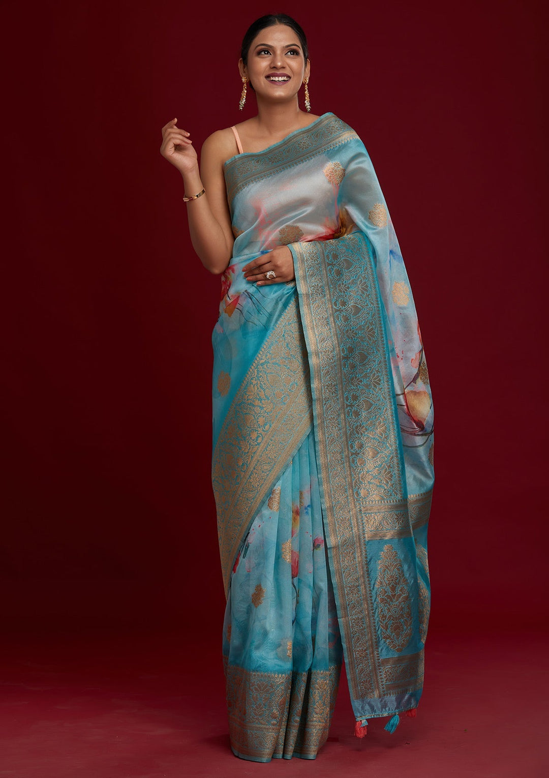 Sky Blue Zariwork Taffeta Silk Saree - Koskii