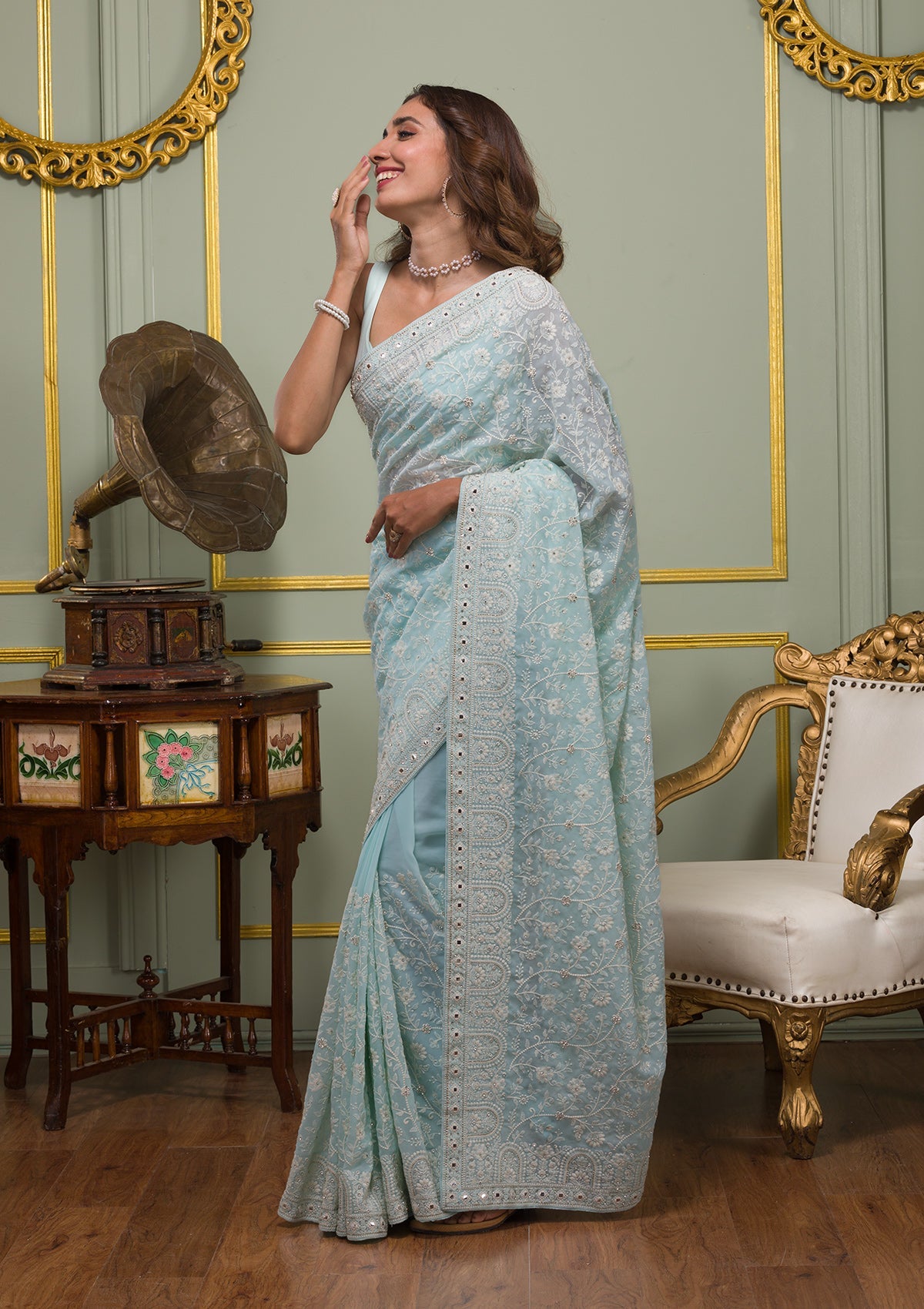 Sky Blue Chikankari Georgette Saree-Koskii