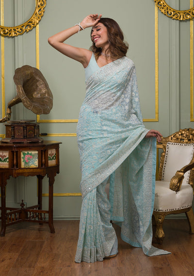 Sky Blue Chikankari Georgette Saree-Koskii