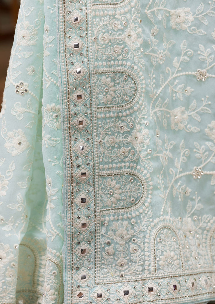 Sky Blue Chikankari Georgette Saree-Koskii