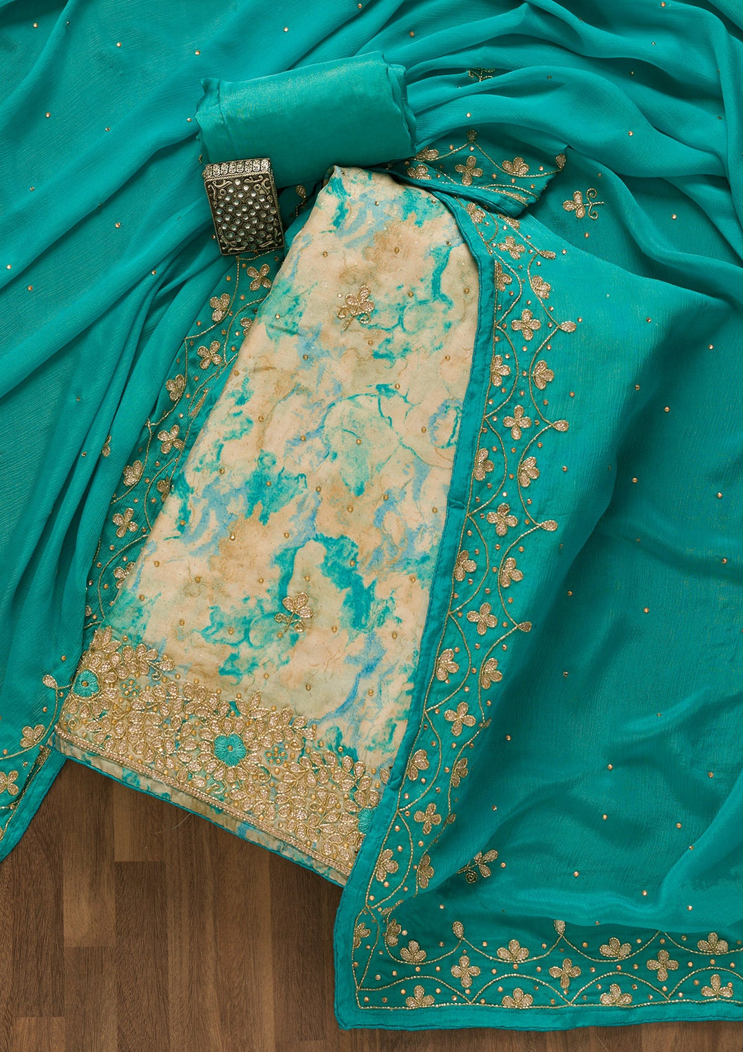 Sky Blue Cutdana Semi Crepe Unstitched Salwar Kameez-Koskii