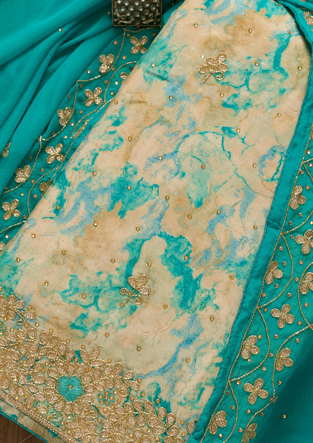 Sky Blue Cutdana Semi Crepe Unstitched Salwar Kameez-Koskii