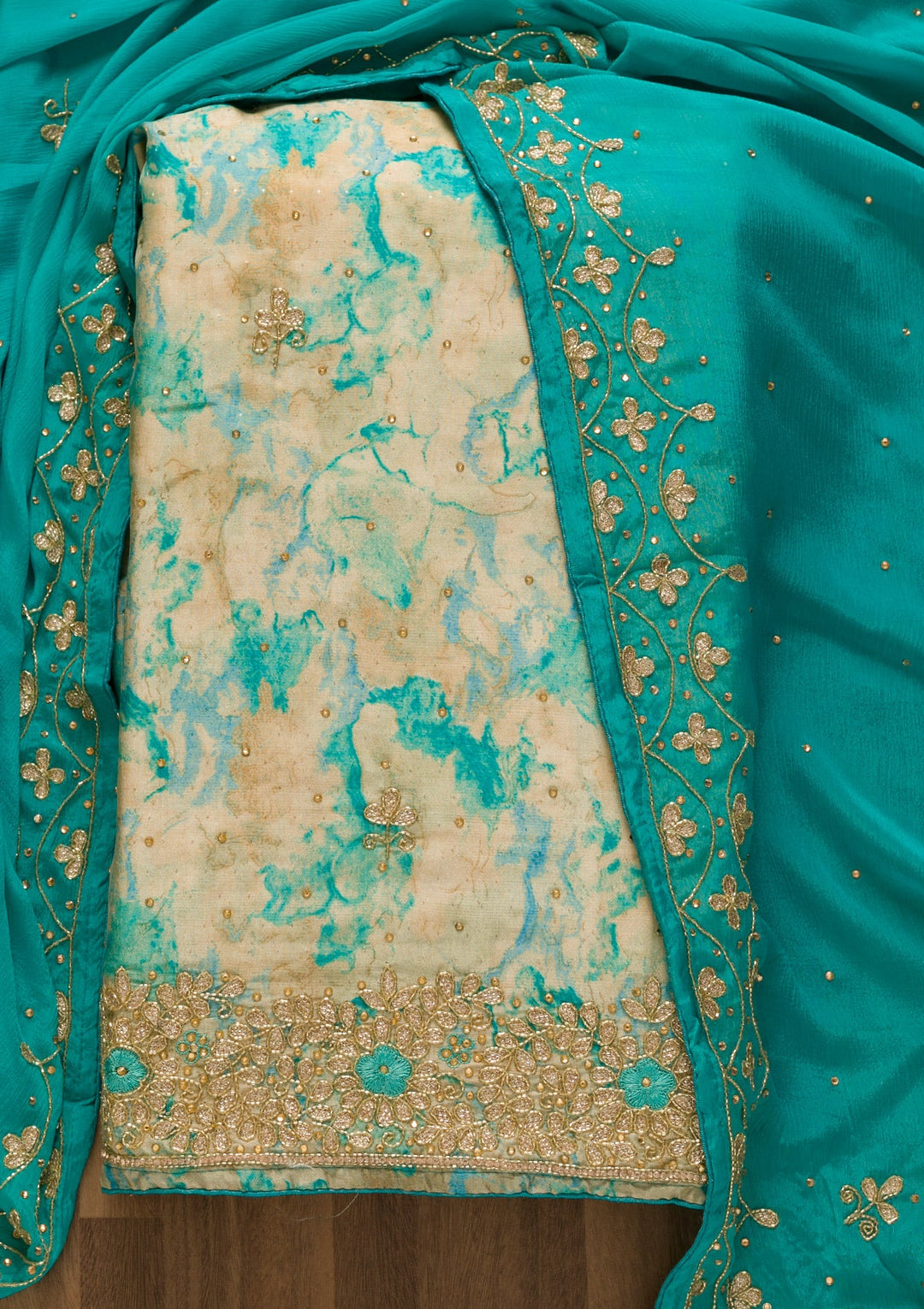 Sky Blue Cutdana Semi Crepe Unstitched Salwar Kameez-Koskii