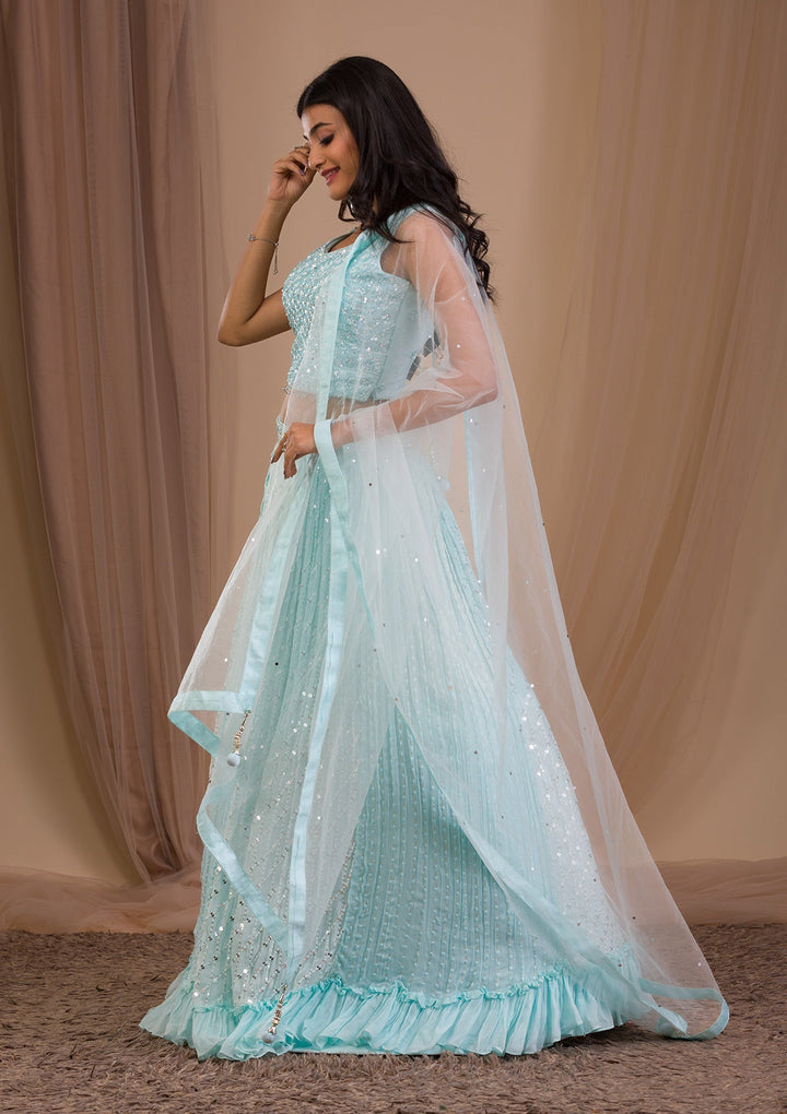 Sky Blue Sequins Georgette Readymade Lehenga-Koskii