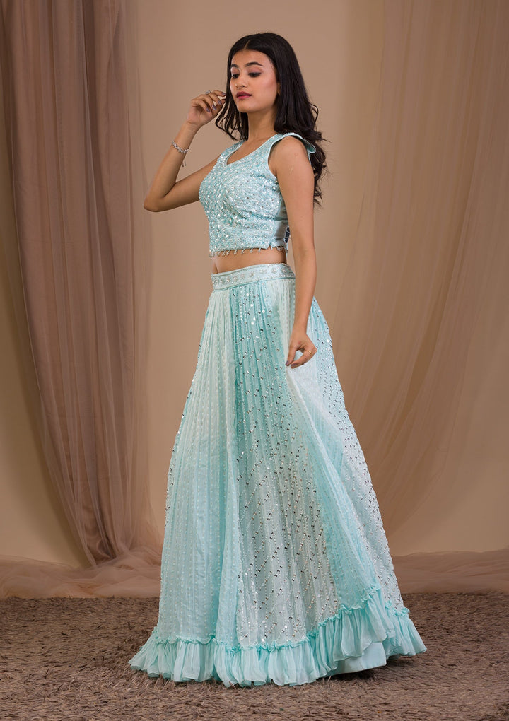 Sky Blue Sequins Georgette Readymade Lehenga-Koskii