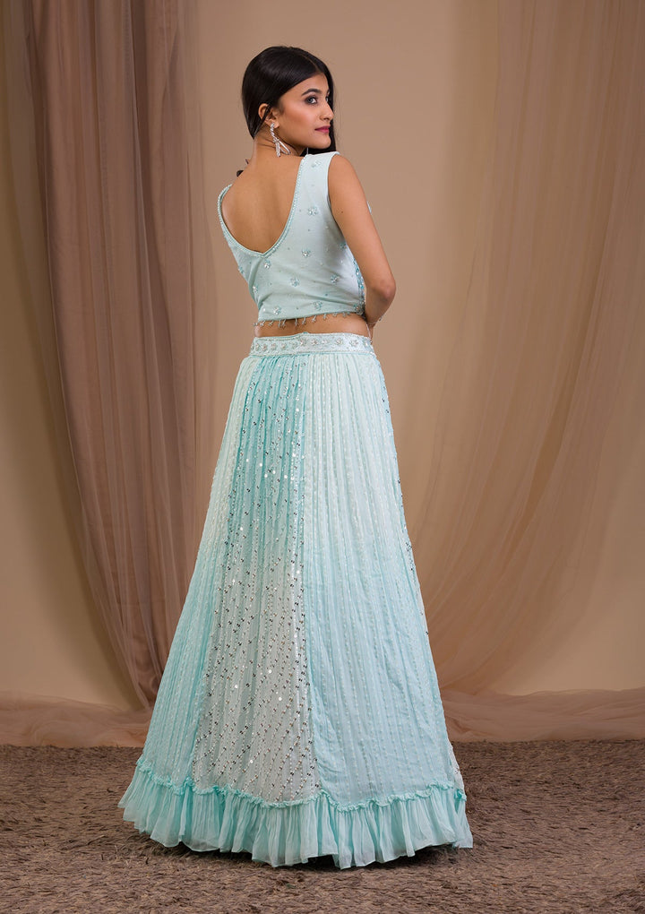 Sky Blue Sequins Georgette Readymade Lehenga-Koskii