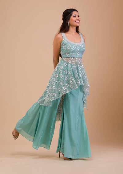 Sky Blue Sequins Shimmer Readymade Salwar Kameez-Koskii