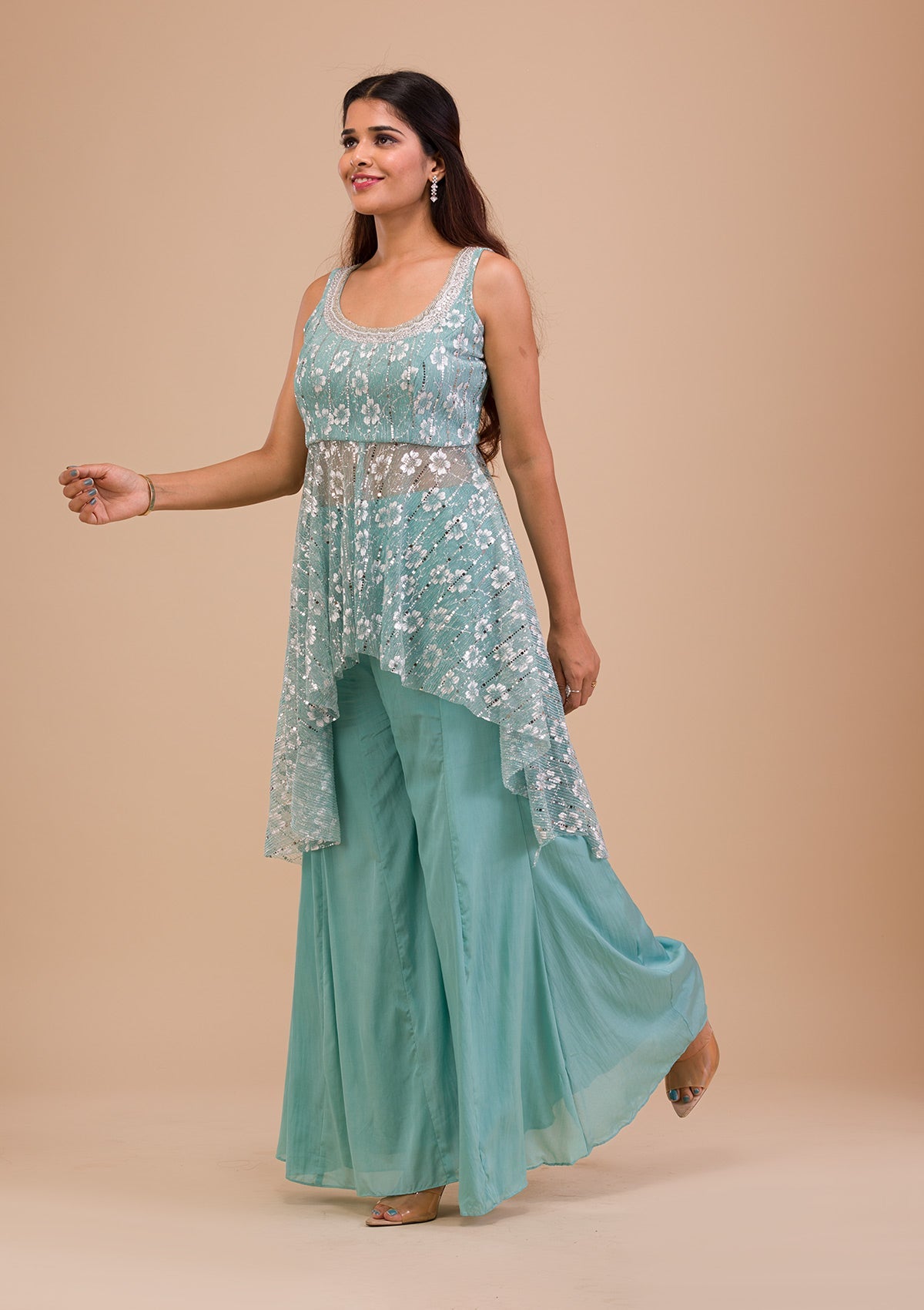 Sky Blue Sequins Shimmer Readymade Salwar Kameez-Koskii