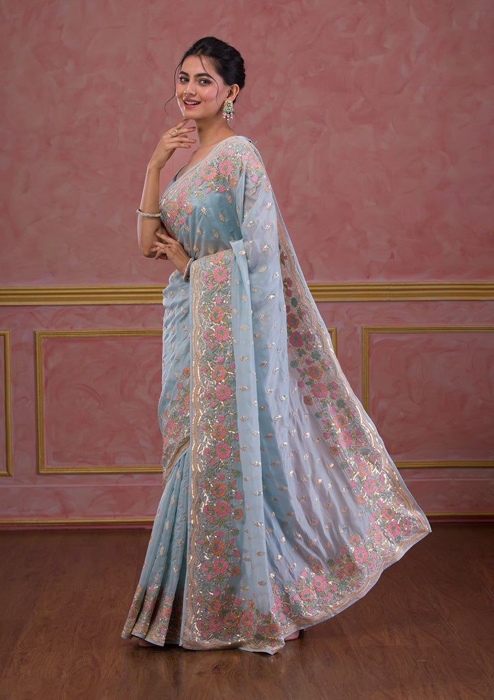 Mustard Sequins Work Raw Silk Designer Saree-Koskii