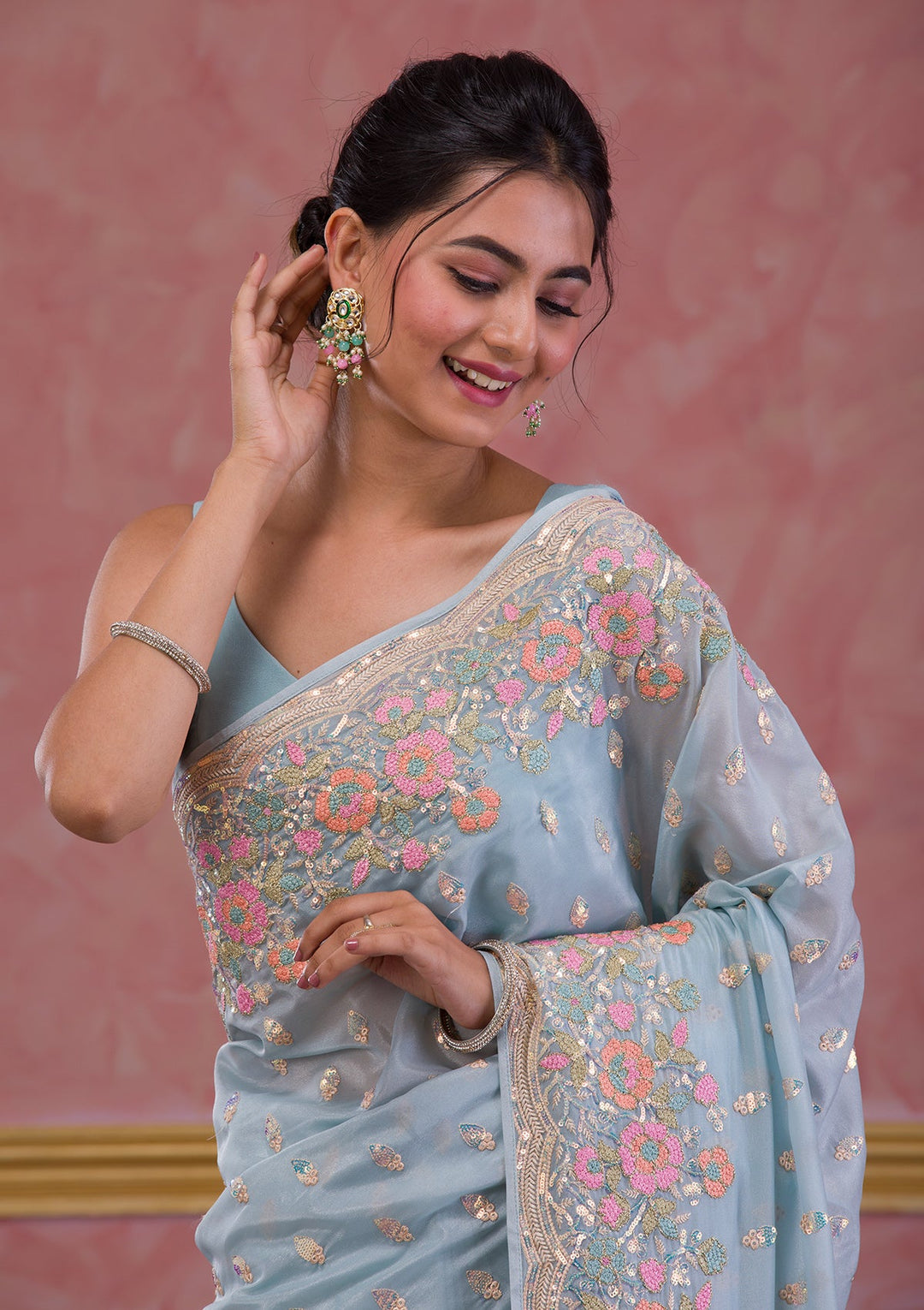 Mustard Sequins Work Raw Silk Designer Saree-Koskii