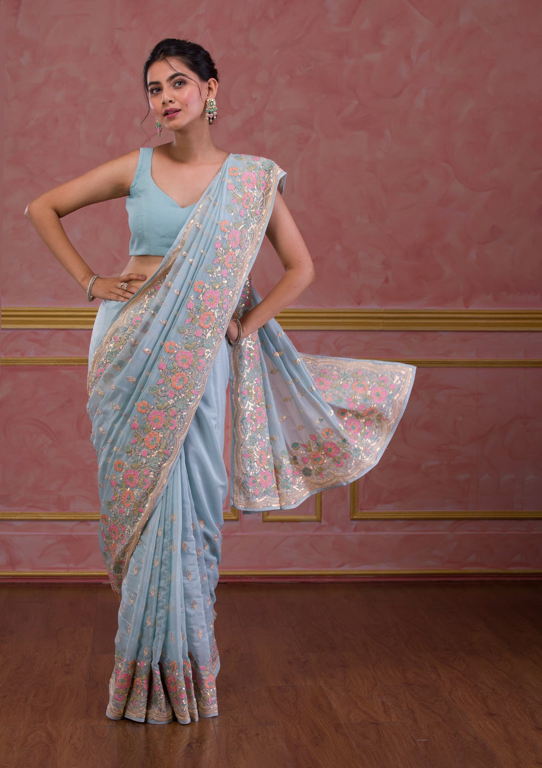 Sky Blue Sequins Tissue Designer Saree-Koskii